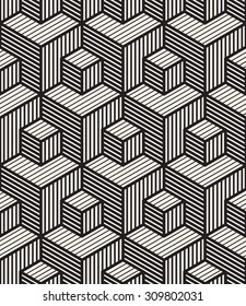 Vector seamless pattern. Modern stylish texture. Repeating geometric tiles. Linear monochrome cubes with volume effect. Hatched rectangular faces.