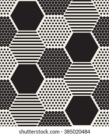 Vector seamless pattern. Modern stylish texture. Repeating geometric tiles with filled dotted hexagons. Regular hipster background with striped and dotted hexagons.