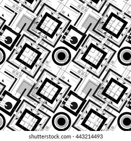 Vector seamless pattern. Modern stylish texture. Repeating geometric tiles. Composition from striped, empty, circle and squares. Black and white.