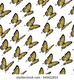 Vector seamless pattern. Modern stylish texture. Repeating background with flying yellow butterflies.