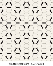 Vector seamless pattern. Modern stylish texture. Repeating geometric background with hexagonal linear grid. Randomly disposed black filled stitches. Monochrome graphic design.