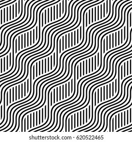 Vector seamless pattern. Modern stylish texture. Monochrome geometric pattern. Curved lines against a background of vertical stripes.