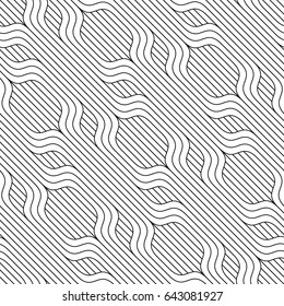 Vector seamless pattern. Modern stylish texture. Monochrome geometric pattern. Bending strips against the background of diagonal lines.