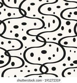 Vector seamless pattern. Modern texture. Repeating abstract background with circles. Graphic stripes with wavy stripes and spots
