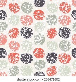 Vector seamless pattern. Modern texture with stylized holiday garlands. Repeating abstract background. Graphic print with colorful circles and snowy covering