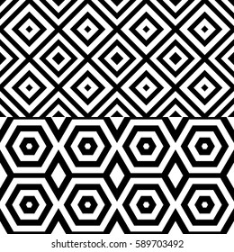 Vector seamless pattern. Modern tile, figurative design template with striped black white rhombuses (squares), hexagons. Background, texture with op art effect. Parallel lines of ornament, card cover