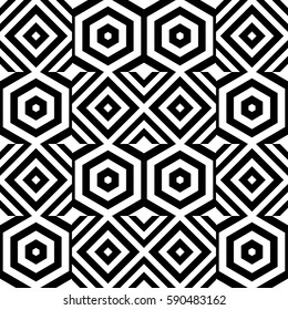 Vector seamless pattern. Modern tile, figurative design template with striped black white rhombuses (squares), hexagons. Background, texture with op art effect. Alternating ornament, card, cover.