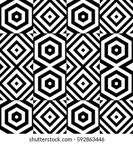 Vector seamless pattern. Modern tile, figurative design template with striped black white rhombuses (squares), hexagons. Background, texture with op art effect. Alternating ornament, card, cover.
