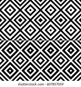 Vector seamless pattern. Modern tile, figurative design template with striped black white rhombuses (squares). Background, texture with op art effect. Parallel lines of ornament, card cover