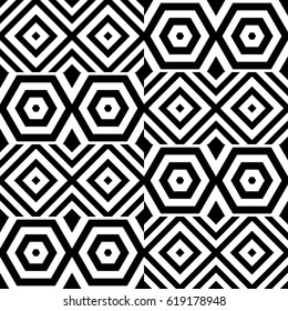 Vector seamless pattern. Modern tile, figurative design template with striped black white rhombuses (squares), hexagons. Background, texture with op art effect. Alternating ornament, card, cover.