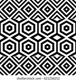 Vector seamless pattern. Modern tile, figurative design template with striped black white rhombuses (squares), hexagons. Background, texture with op art effect. Parallel lines of ornament, card cover