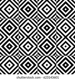 Vector seamless pattern. Modern tile, figurative design template with striped black white rhombuses (squares). Background, texture with op art effect. Alternating ornament, card, cover.