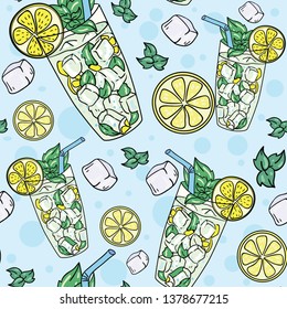 Vector seamless pattern with mojito cocktail, lemon slice and mint leaf on blue background with circles. Wallpaper, textile and fabric design. Good for printing. wrapping paper pattern. Cute pattern.