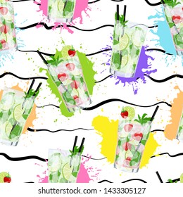 Vector seamless pattern with Mojito cocktails on colorful abstract background. Classic Mojito, Strawberry Mojito. Summer cute pattern with fresh drinks for design, Web, banner, bar menu, template.