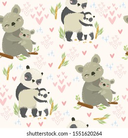 Vector seamless pattern with mom and baby. Family of koalas and pandas. Caring, love, parents. Mother and father. Cute animals