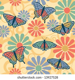 A vector seamless pattern of Monarch butterflies on a flower and spiral background. Repeat size is 12".