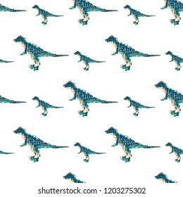 Vector seamless pattern in Mondriaan (Mondrian) style blue big and small dinosaurs located staggered on a white background for carpet, baby bedding, textile, wallpaper, wrapping.