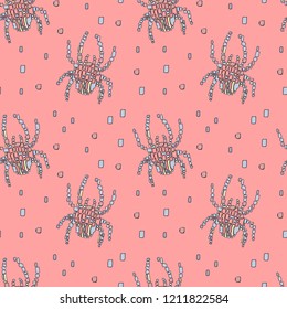 Vector seamless pattern in Mondriaan (Mondrian) style colorful spiders on a bright pink background for baby bedding, textile, wallpaper, wrapping, furnishings, upholstery.