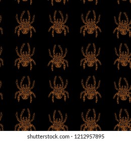 Vector seamless pattern in Mondriaan (Mondrian) style orange color spiders on a black background for bedding, textile, wallpaper, wrapping, furnishings, upholstery, carpet.
