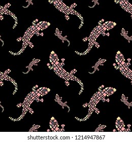 Vector seamless pattern in Mondriaan (Mondrian) style big and small pink lizards on a black background for bedding, textile, wallpaper, wrapping, furnishings, upholstery.