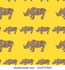 Vector seamless pattern in Mondriaan (Mondrian) style big and small pink pink dinosaur rhinoceros on a bright yellow background for baby bedding, textile, wallpaper, wrapping, furnishings, upholstery.