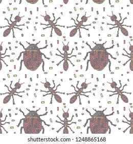 Vector seamless pattern in Mondriaan (Mondrian) style pink ladybugs and ants on a white background for bedding, textile, wallpaper, wrapping, furnishings, upholstery, cover page.
