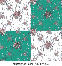 Vector seamless pattern in Mondrian style. Blue and pink spiders on a chess white and turquoise background. Template for stylish textile, wallpaper, wrapping, upholstery.