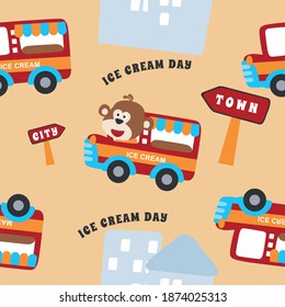 Vector seamless pattern with monkey driving ice-cream trucks. Creative vector childish background for fabric, textile, nursery wallpaper, card, poster and other decoration.