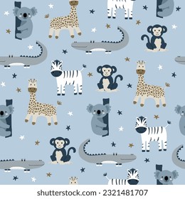 Vektornahtloses Muster mit Affen, Giraffen, Zebra, Krokodil, Koala.Tropischer Dschungelkreaturen.Pastellfarben Hintergrund.Cute natürliche Muster für Gewebe, Kinderkleidung, Wickelpapier.