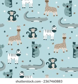 Vector seamless pattern with monkey, giraffe, zebra, crocodile, koala.Tropical jungle cartoon creatures.Pastel animals background.Cute natural pattern for fabric, childrens clothing,wrapping paper.