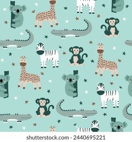 Vector seamless pattern with monkey, giraffe, zebra, crocodile, koala.Tropical jungle cartoon creatures.Pastel animals background.Cute natural pattern for fabric, childrens clothing,wrapping paper.