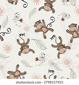 Vector seamless pattern with monkey. Kids background.