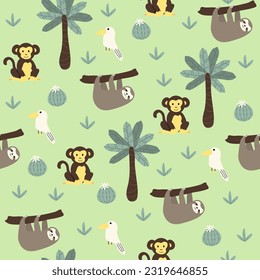 Vector seamless pattern with monkey, parrot, sloth.Tropical jungle cartoon creatures.Pastel animals background.Cute natural pattern for fabric, childrens clothing,textiles,wrapping paper.