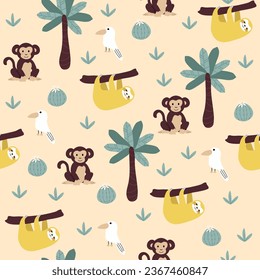 Vector seamless pattern with monkey, parrot, sloth.Tropical jungle cartoon creatures.Pastel animals background.Cute natural pattern for fabric, childrens clothing,textiles,wrapping paper.