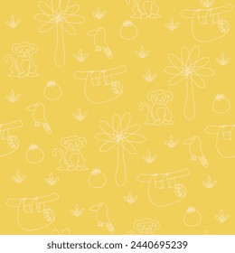 Vector seamless pattern with monkey, parrot, sloth.Tropical jungle cartoon creatures.Pastel animals background.Cute natural pattern for fabric, childrens clothing,textiles,wrapping paper.