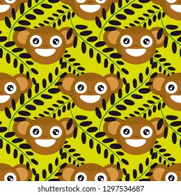 vector seamless pattern with monkeys and branches on bright green background