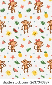Vector seamless pattern with monkeys, butterflies, sun, watermelon, flowers and leaves on white, background. Seamless pattern for kids