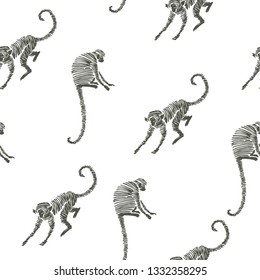 Vector seamless pattern with monkeys. Hand drawn texture with cute animals in sketch style.