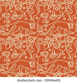 Vector seamless pattern with monkeys sitting on liana.
