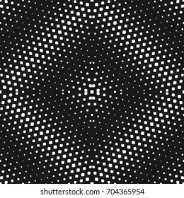 Vector seamless pattern. Monochrome background with halftone effect, radial black & white gradient transition. Abstract geometric texture with small rounded shapes, repeat tiles. Stylish dark design