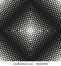 Vector seamless pattern. Monochrome background with halftone effect, radial square gradient transition. Abstract geometric texture with small rounded shapes, repeat tiles. Stylish dark design element 