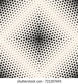 Vector seamless pattern. Monochrome background with halftone effect, radial square gradient transition. Abstract geometric texture with small rounded shapes, repeat tiles. Hipster fashion print design