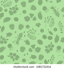 Vector seamless pattern of monochrome berries. Berry cartoon style repeat background. Raspberry, cherry, gooseberry, cloudberry, cranberry, blueberry, strawberry, sea-buckthorn, hips, rowan backdrop