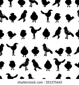 Vector seamless pattern with monochrome birds. Ink background with sparrows, swallows, crowns and seagulls. Watercolor wallpaper with birds silhouettes.