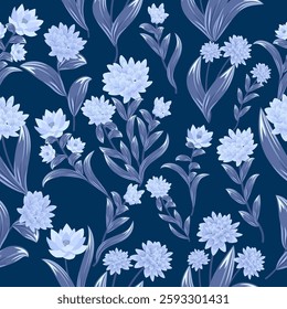 Vector seamless pattern with monochrome blue flowers, dark background. Botanical art illustration for wallpaper, wall decoration, fabric, textile, cards.