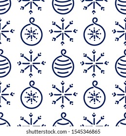 Vector seamless pattern, monochrome design . Simple Christmas balls and snowflakes in the style of the line. Blue and white