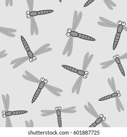 Vector seamless pattern with monochrome dragonflies on light grey background
