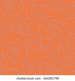 Vector seamless pattern. Monochrome floral image with neutral and orange rose flowers.