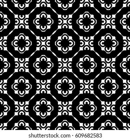 Vector seamless pattern, monochrome floral geometric texture. Simple background with staggered circles, rings. Abstract design for prints, decoration, textile, furniture, cloth. Black & white colors 
