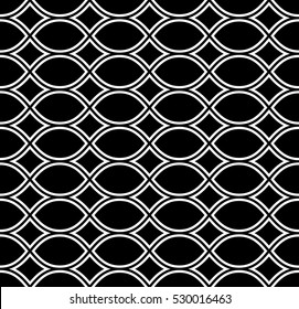 Vector seamless pattern, monochrome geometric texture. Simple black & white contour figures. Dark ornamental abstract background, repeat mosaic tiles. Design element for prints, textile, digital, web